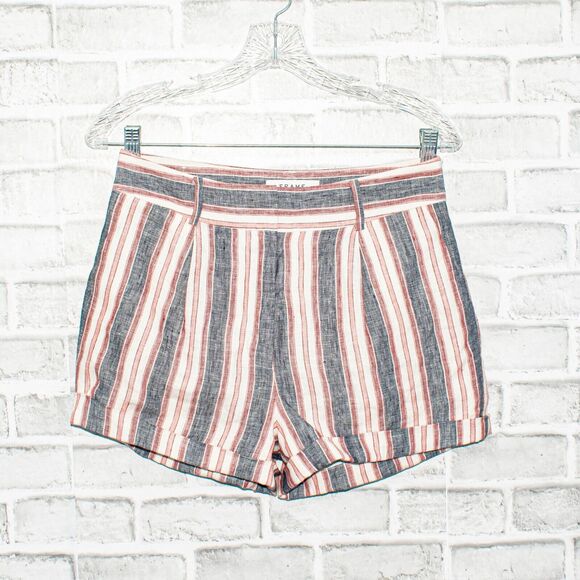 FRAME High Waist Linen Shorts Natural White Multi Stripe Size 2 - Picture 7 of 10